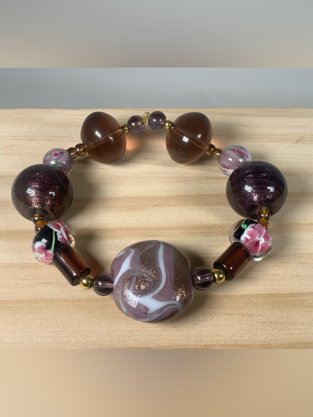 Vintage Purple Floral Murano Lampwork Glass Beaded Stretch Bracelet 7”